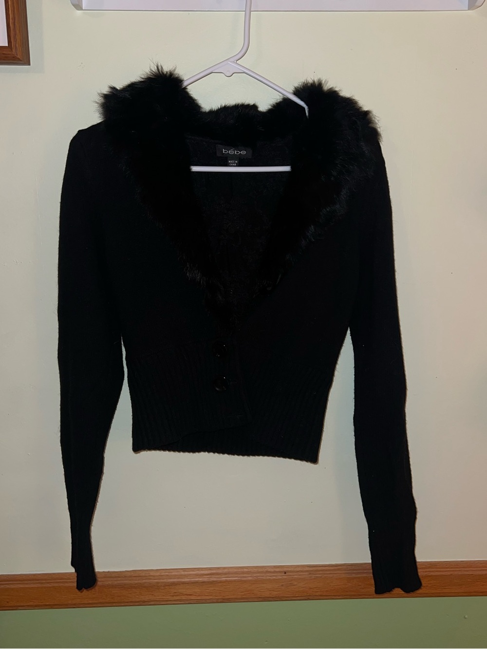 bebe Black Cropped Cardigan with Faux Fur Collar